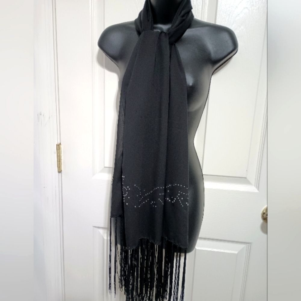 CD Rhinestone Sheer Black Fringe Scarf Unique Stylish Fancy - Picture 6 of 13